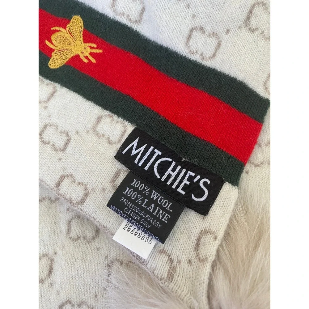 Mitchies 100% Wool Monogram Bee Embroidered Fur Pom Pom Scarf Luxury Glam Winter